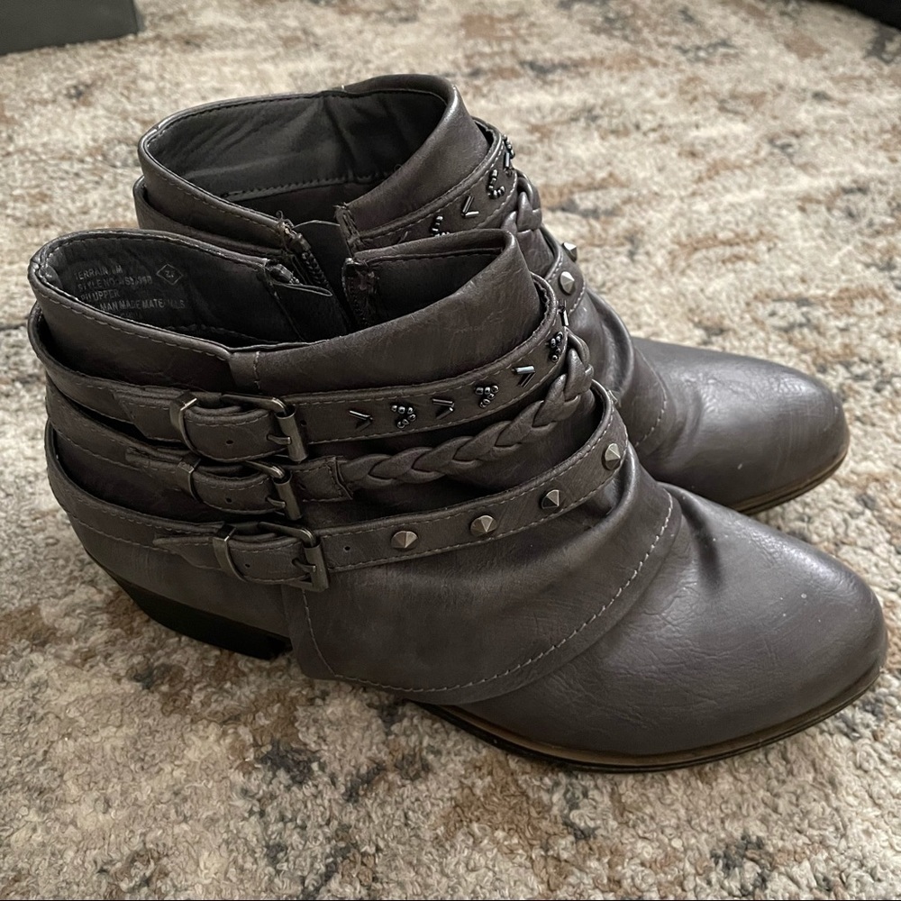 Studded and Belted Heeled Ankle Booties​​​​